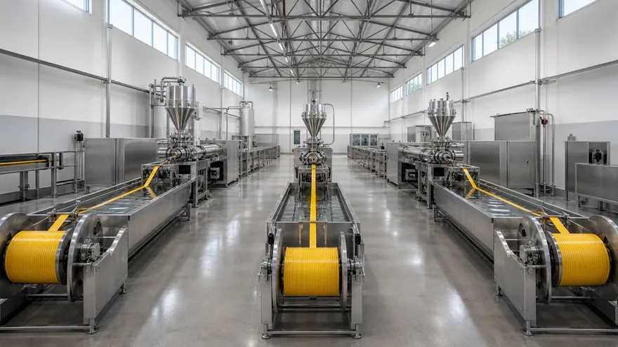 Wide interior of the CEE CEE extrusion plant: three parallel lines running down a polished concrete aisle with gold zipper tape on every winder.