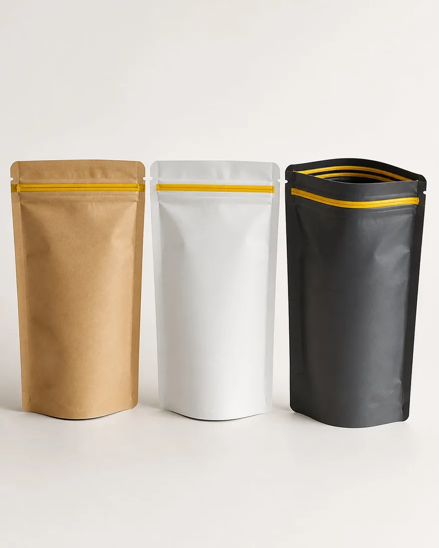 Three blank stand-up pouches in kraft, matte white and matte black on an off-white sweep, gold zipper visible across each top.