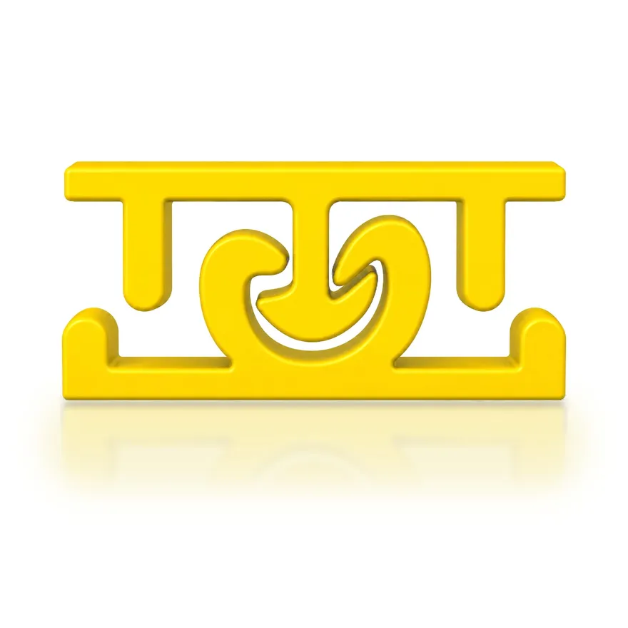 Render of a yellow zipper profile end-on: two interlocking hooked tracks between flat flanges, the geometry that makes the seal.