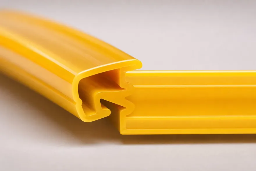 Close-up of a zipper profile's interlocking tracks, the geometry that is gauged through the run.