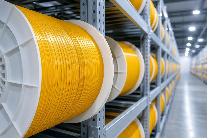 Finished reels of zipper profile racked in the plant store, ready for dispatch.